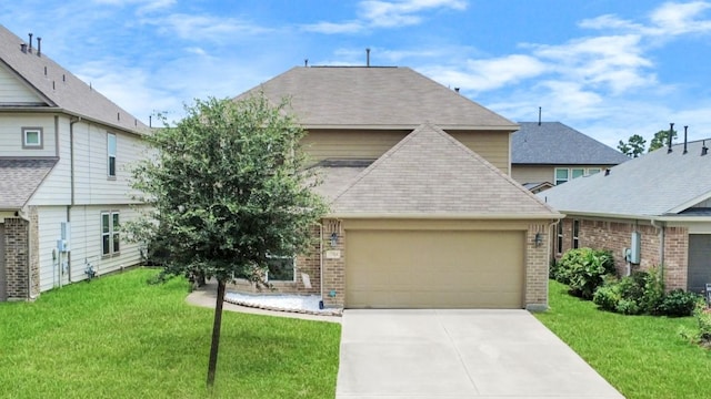 9914 Swallow Dr, Conroe, TX 77385 - view of front facade with a garage, brick siding, concrete driveway, roof with shingles, and a front lawn