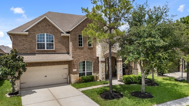 20314 Tarpon Bay Ln, Cypress, TX 77433 - traditional-style home featuring an attached garage, brick siding, a front lawn, driveway, and roof with shingles