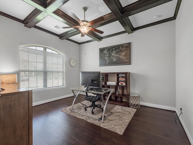 4623 Bisontine Bay Ln, Rosharon, TX 77583 - home office featuring coffered ceiling, ceiling fan, beam ceiling, wood-type flooring, and crown molding