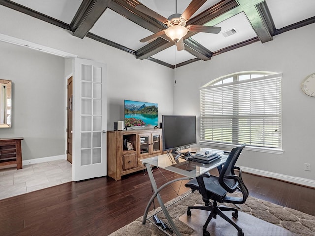 4623 Bisontine Bay Ln, Rosharon, TX 77583 - office space with coffered ceiling, french doors, ceiling fan, beam ceiling, and wood finished floors