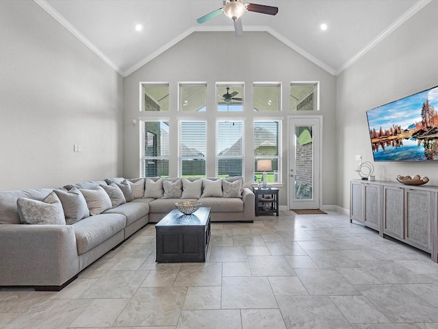 4623 Bisontine Bay Ln, Rosharon, TX 77583 - living area with ceiling fan, high vaulted ceiling, ornamental molding, and recessed lighting