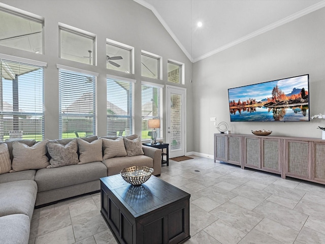 4623 Bisontine Bay Ln, Rosharon, TX 77583 - living area featuring ornamental molding and high vaulted ceiling
