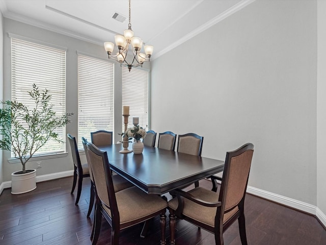 4623 Bisontine Bay Ln, Rosharon, TX 77583 - dining room with a chandelier, ornamental molding, and dark wood-type flooring