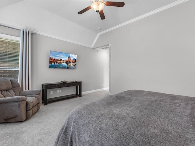 4623 Bisontine Bay Ln, Rosharon, TX 77583 - carpeted bedroom featuring crown molding, lofted ceiling, and ceiling fan