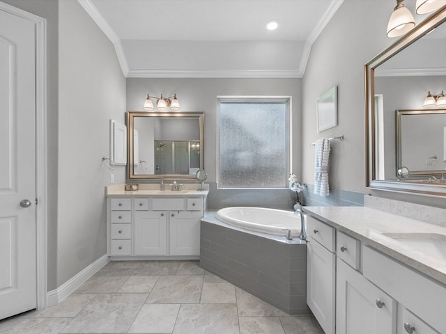 4623 Bisontine Bay Ln, Rosharon, TX 77583 - full bath with ornamental molding, two vanities, a bath, and a shower with shower door