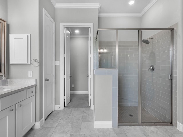 4623 Bisontine Bay Ln, Rosharon, TX 77583 - bathroom with a shower stall, ornamental molding, and vanity
