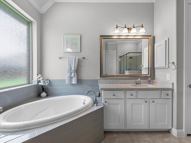 4623 Bisontine Bay Ln, Rosharon, TX 77583 - bathroom featuring vanity, a bath, crown molding, a shower stall, and healthy amount of natural light