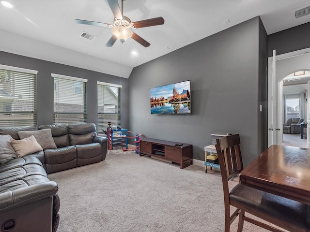 4623 Bisontine Bay Ln, Rosharon, TX 77583 - living room featuring ceiling fan, carpet flooring, arched walkways, and recessed lighting