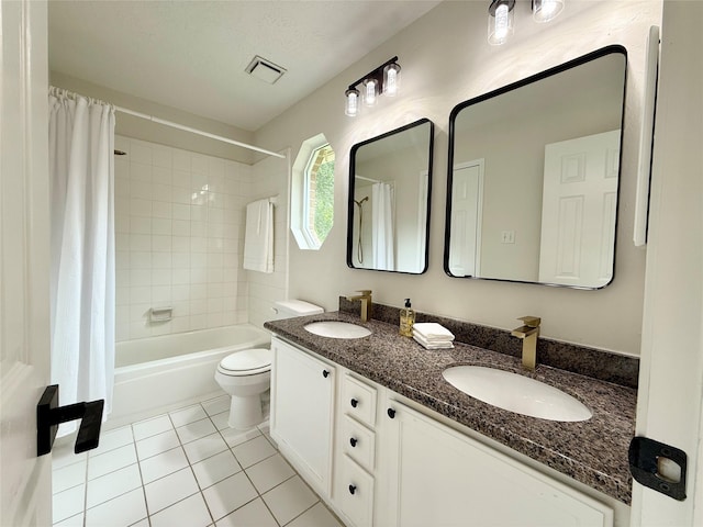 19 Pebble Hollow Ct, The Woodlands, TX 77381 - bathroom featuring double vanity, shower / bathtub combination with curtain, and tile patterned flooring