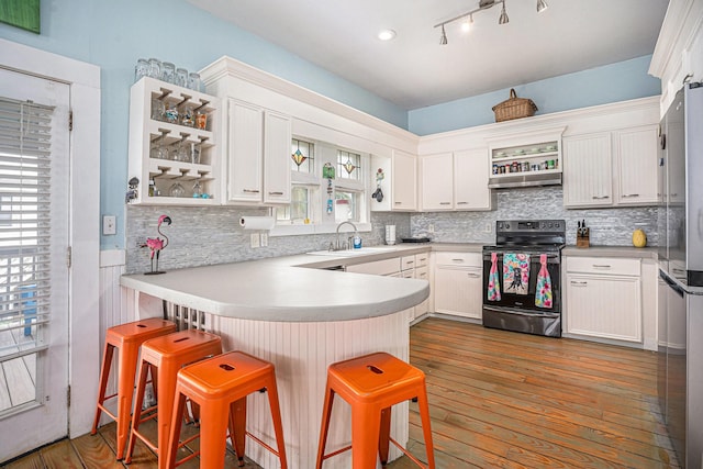 16615 Mansvelt Rd, Jamaica Beach, TX 77554 - kitchen featuring electric range oven, a peninsula, under cabinet range hood, and backsplash