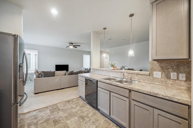 2322 Honey Heights Ln, Fresno, TX 77545 - kitchen with stainless steel fridge with ice dispenser, black dishwasher, ceiling fan, light countertops, and healthy amount of natural light