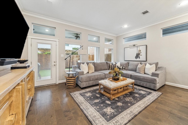 5240 Larkin St, Houston, TX 77007 - living area with crown molding, dark wood-style flooring, recessed lighting, and a ceiling fan