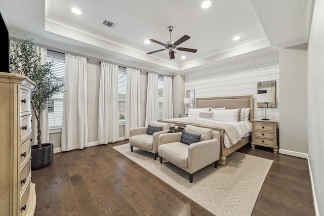 5240 Larkin St, Houston, TX 77007 - bedroom with a tray ceiling, dark wood-style flooring, crown molding, recessed lighting, and ceiling fan