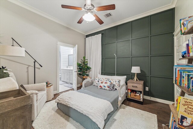 5240 Larkin St, Houston, TX 77007 - bedroom with crown molding, wood finished floors, a ceiling fan, and ensuite bath