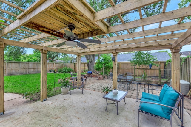 16426 Cavendish Dr, Houston, TX 77059 - fenced backyard featuring a pergola, a ceiling fan, and a patio