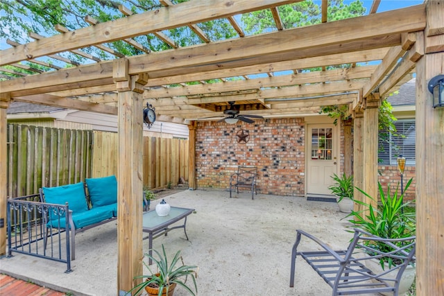 16426 Cavendish Dr, Houston, TX 77059 - view of patio / terrace featuring ceiling fan, a pergola, and an outdoor hangout area