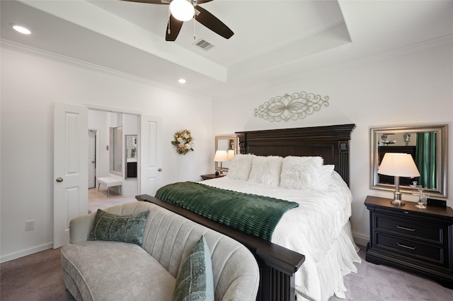 3447 Warwick River Trl, Kingwood, TX 77365 - bedroom featuring a tray ceiling, light colored carpet, crown molding, recessed lighting, and ceiling fan