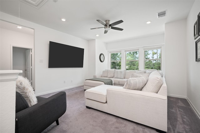 3447 Warwick River Trl, Kingwood, TX 77365 - carpeted living area with recessed lighting and ceiling fan