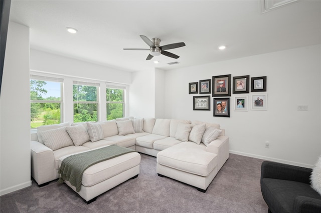 3447 Warwick River Trl, Kingwood, TX 77365 - living room with a ceiling fan, carpet floors, and recessed lighting