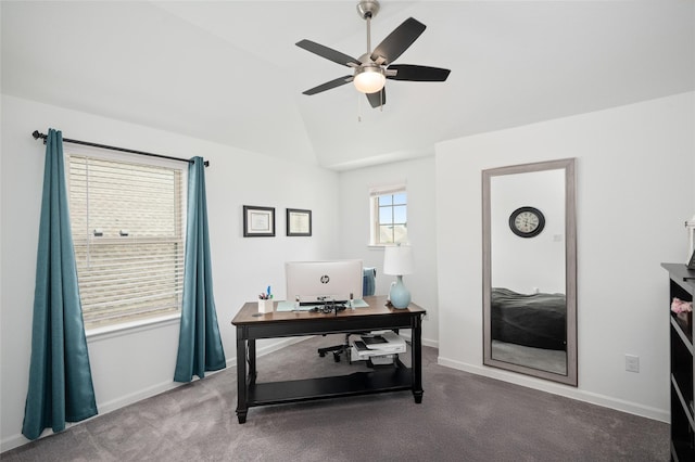 3447 Warwick River Trl, Kingwood, TX 77365 - carpeted office featuring a ceiling fan and vaulted ceiling