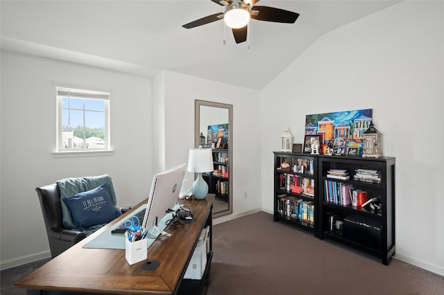 3447 Warwick River Trl, Kingwood, TX 77365 - office space with lofted ceiling, a ceiling fan, and carpet flooring