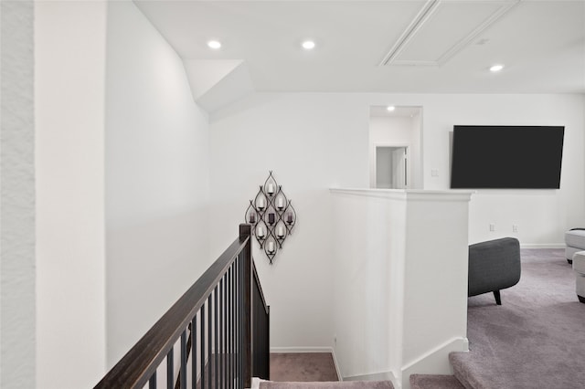 3447 Warwick River Trl, Kingwood, TX 77365 - stairway featuring attic access, carpet floors, and recessed lighting