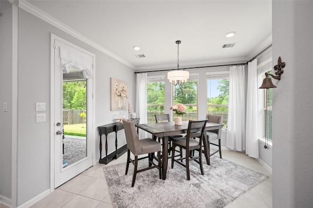 3447 Warwick River Trl, Kingwood, TX 77365 - dining area with light tile patterned flooring, plenty of natural light, crown molding, a chandelier, and recessed lighting