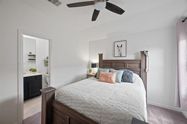3447 Warwick River Trl, Kingwood, TX 77365 - bedroom with light colored carpet, ensuite bathroom, lofted ceiling, and a ceiling fan