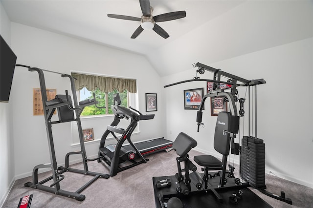 3447 Warwick River Trl, Kingwood, TX 77365 - workout area featuring ceiling fan, vaulted ceiling, and carpet floors