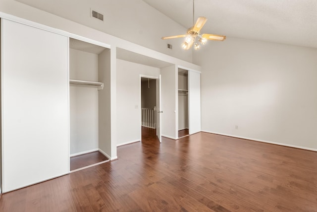 2910 Grants Lake Blvd Unit 1702, Sugar Land, TX 77479 - unfurnished bedroom with wood finished floors, high vaulted ceiling, ceiling fan, and two closets