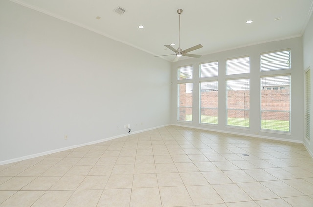 3910 Jade Cove Ln, Sugar Land, TX 77479 - unfurnished room featuring ceiling fan, ornamental molding, light tile patterned floors, and recessed lighting