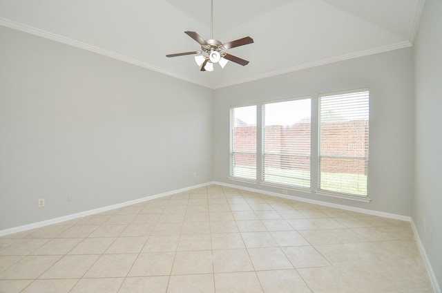 3910 Jade Cove Ln, Sugar Land, TX 77479 - empty room with vaulted ceiling, ornamental molding, a ceiling fan, and light tile patterned flooring