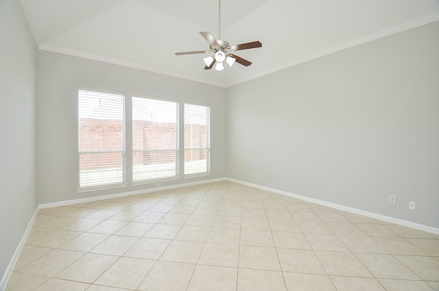 3910 Jade Cove Ln, Sugar Land, TX 77479 - empty room featuring a ceiling fan, crown molding, light tile patterned flooring, and vaulted ceiling