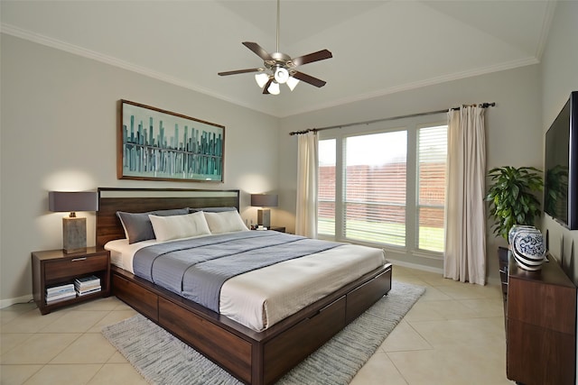 3910 Jade Cove Ln, Sugar Land, TX 77479 - bedroom with light tile patterned floors, ornamental molding, vaulted ceiling, and ceiling fan