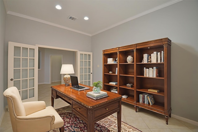 3910 Jade Cove Ln, Sugar Land, TX 77479 - office area with ornamental molding, light tile patterned floors, and recessed lighting