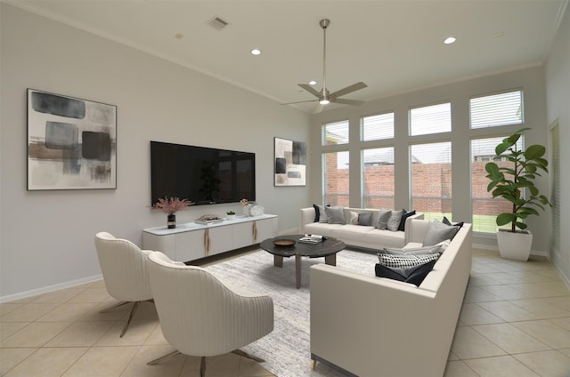 3910 Jade Cove Ln, Sugar Land, TX 77479 - living room with light tile patterned floors, crown molding, recessed lighting, and ceiling fan