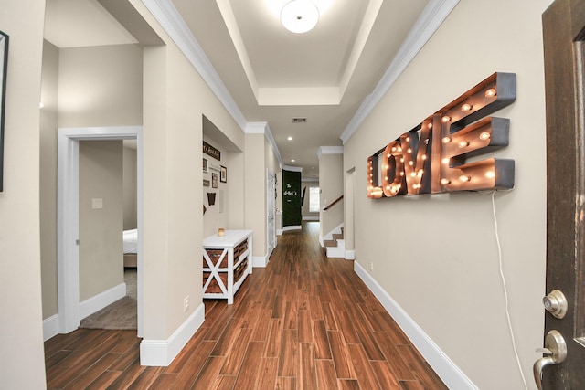 31201 Redwood Manor Ct, Spring, TX 77386 - corridor featuring wood finished floors, stairs, ornamental molding, and recessed lighting