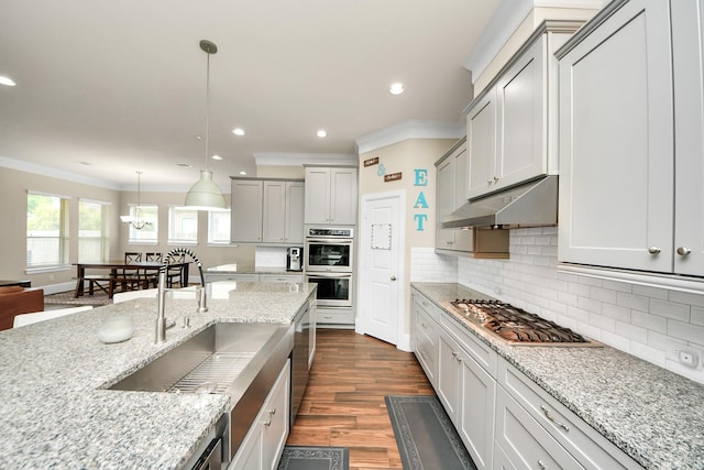 31201 Redwood Manor Ct, Spring, TX 77386 - kitchen featuring under cabinet range hood, stainless steel appliances, ornamental molding, dark wood-type flooring, and decorative backsplash