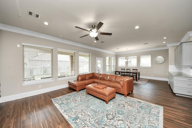 31201 Redwood Manor Ct, Spring, TX 77386 - living area with a ceiling fan, crown molding, dark wood-style flooring, and recessed lighting
