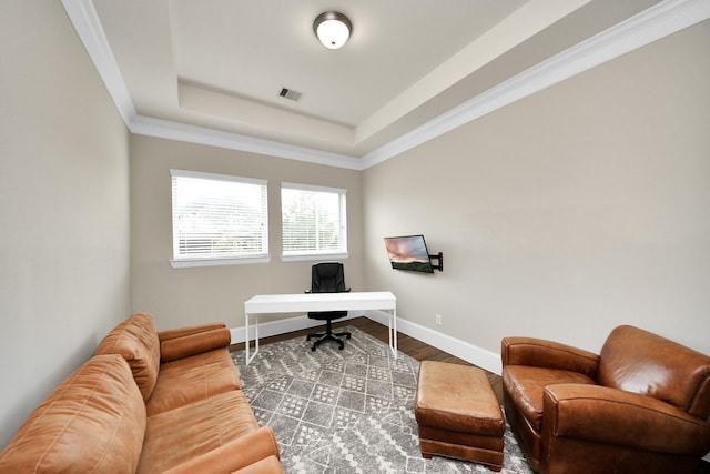 31201 Redwood Manor Ct, Spring, TX 77386 - office area featuring a tray ceiling and wood finished floors
