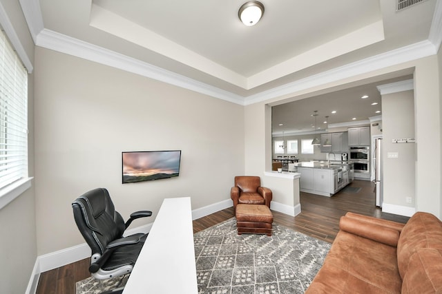 31201 Redwood Manor Ct, Spring, TX 77386 - office with a tray ceiling, ornamental molding, dark wood finished floors, and recessed lighting