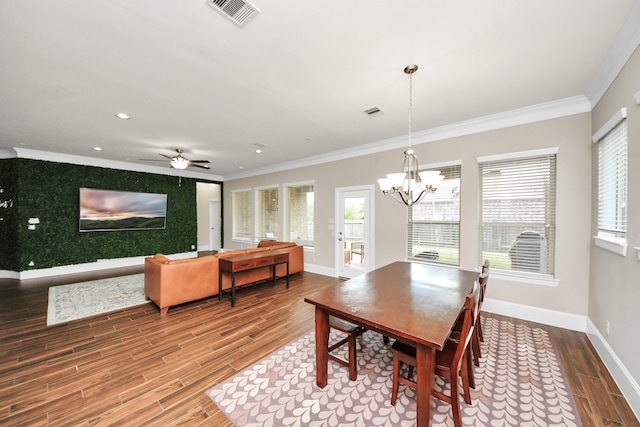31201 Redwood Manor Ct, Spring, TX 77386 - dining space featuring ornamental molding, a chandelier, wood finished floors, recessed lighting, and ceiling fan
