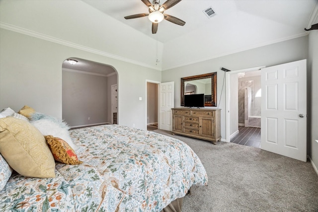 17227 Horsetooth Canyon Dr, Houston, TX 77095 - bedroom with carpet floors, arched walkways, ensuite bath, ornamental molding, and a ceiling fan