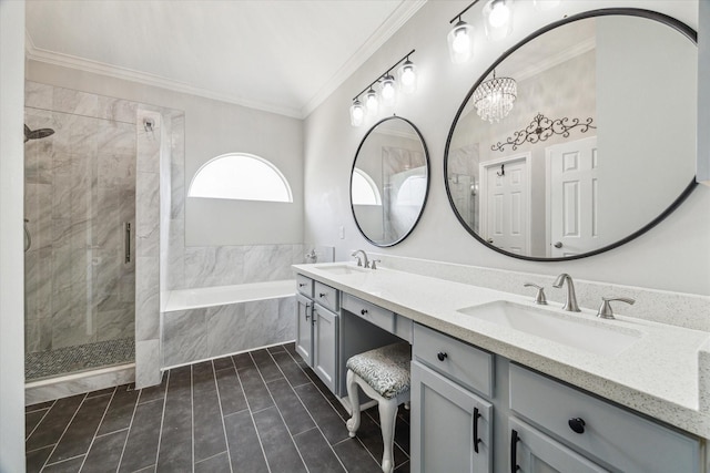 17227 Horsetooth Canyon Dr, Houston, TX 77095 - bathroom featuring a bath, double vanity, a shower stall, crown molding, and tile patterned flooring