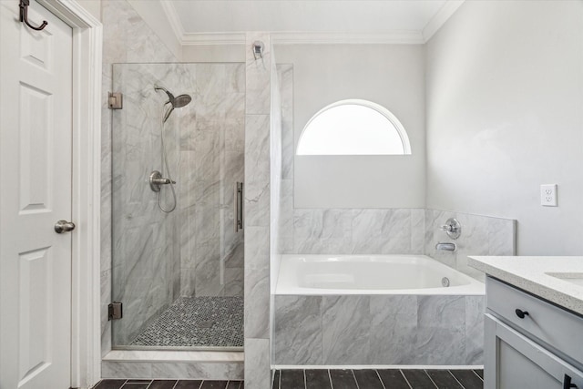 17227 Horsetooth Canyon Dr, Houston, TX 77095 - full bathroom featuring a bath, a shower stall, vanity, and crown molding