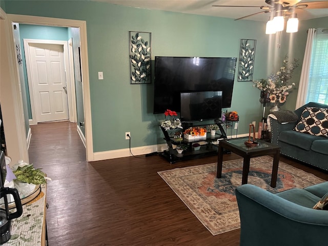 8823 Shadow Crest St, Houston, TX 77074 - living area featuring ceiling fan and dark wood-type flooring