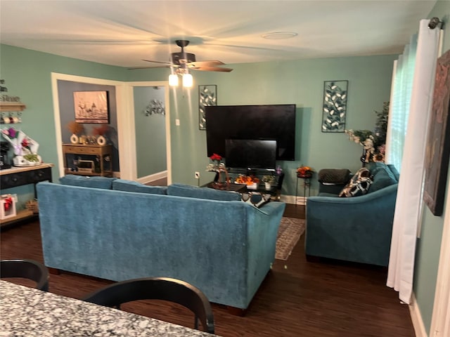 8823 Shadow Crest St, Houston, TX 77074 - living area with a ceiling fan and dark wood-style flooring