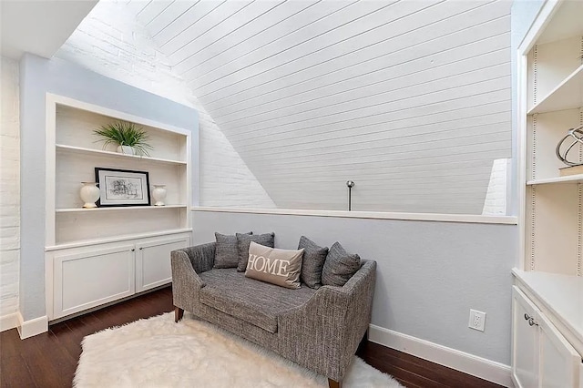 3406 Yoakum Blvd, Houston, TX 77006 - sitting room featuring vaulted ceiling, dark wood-style floors, wooden ceiling, and built in features