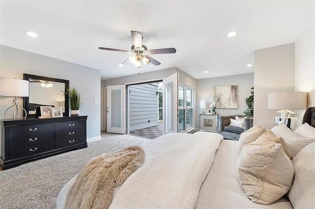 3406 Yoakum Blvd, Houston, TX 77006 - bedroom featuring access to outside, light carpet, ceiling fan, and recessed lighting