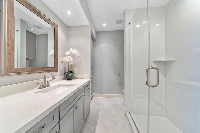 3406 Yoakum Blvd, Houston, TX 77006 - full bathroom with vanity, a stall shower, and recessed lighting